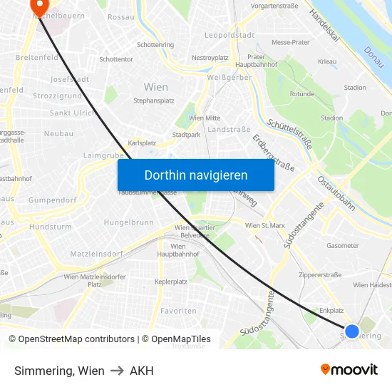 Simmering, Wien to AKH map