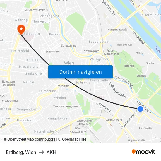 Erdberg, Wien to AKH map