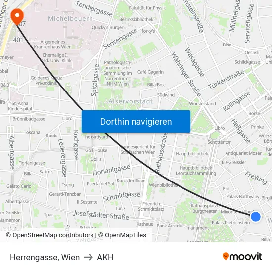 Herrengasse, Wien to AKH map