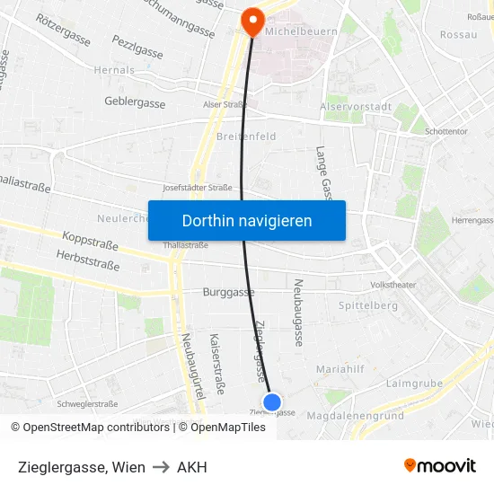 Zieglergasse, Wien to AKH map