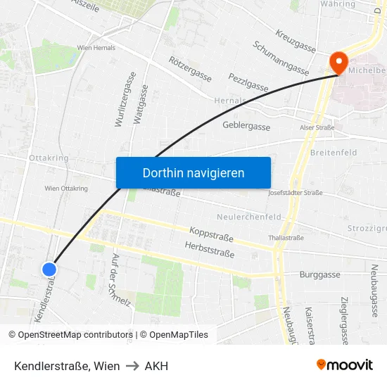 Kendlerstraße, Wien to AKH map