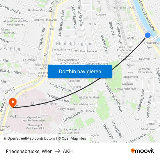 Friedensbrücke, Wien to AKH map
