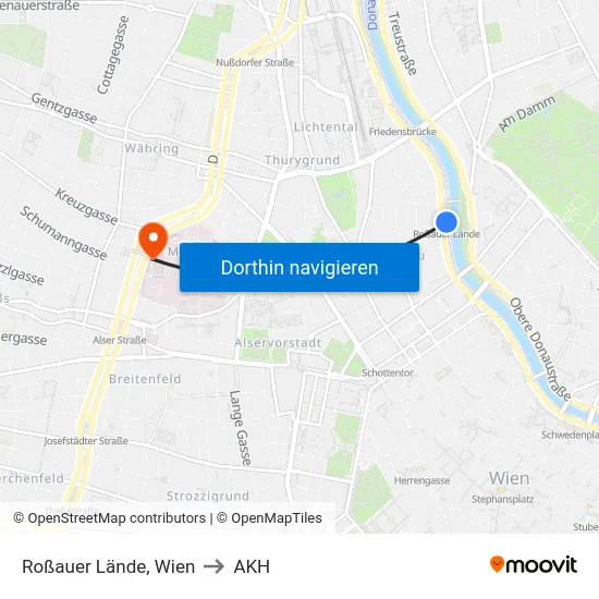 Roßauer Lände, Wien to AKH map