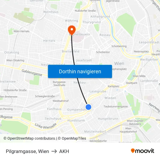 Pilgramgasse, Wien to AKH map