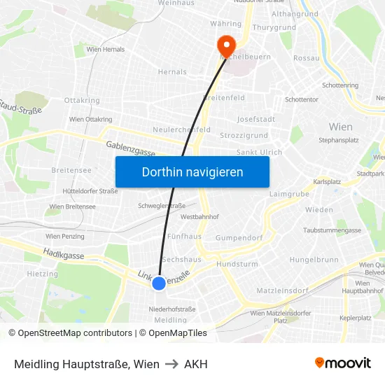 Meidling Hauptstraße, Wien to AKH map