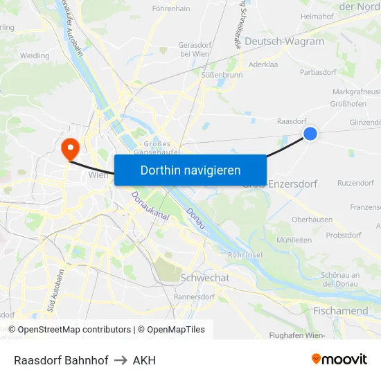 Raasdorf Bahnhof to AKH map