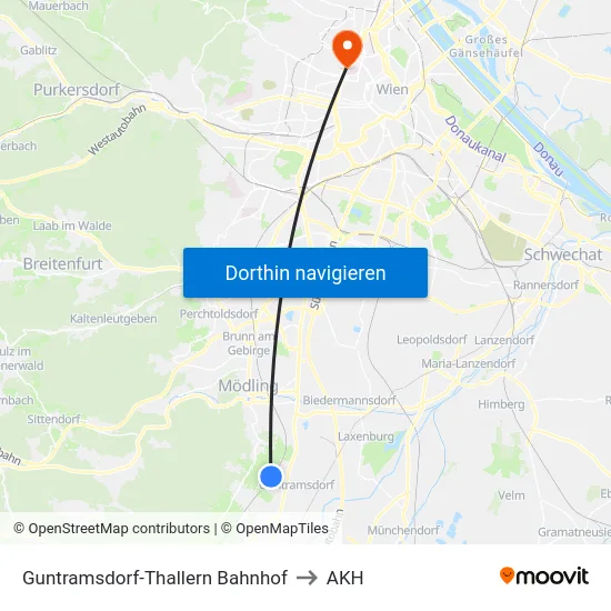 Guntramsdorf-Thallern Bahnhof to AKH map