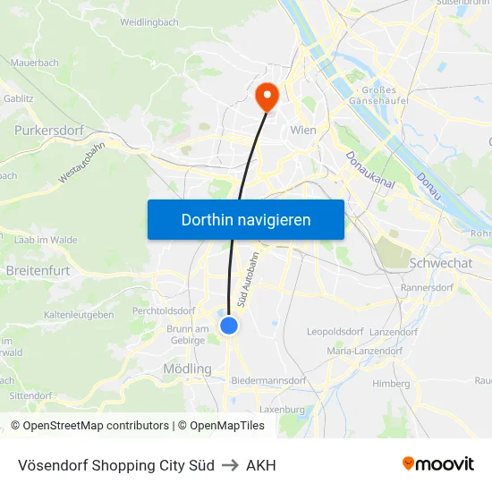 Vösendorf Shopping City Süd to AKH map