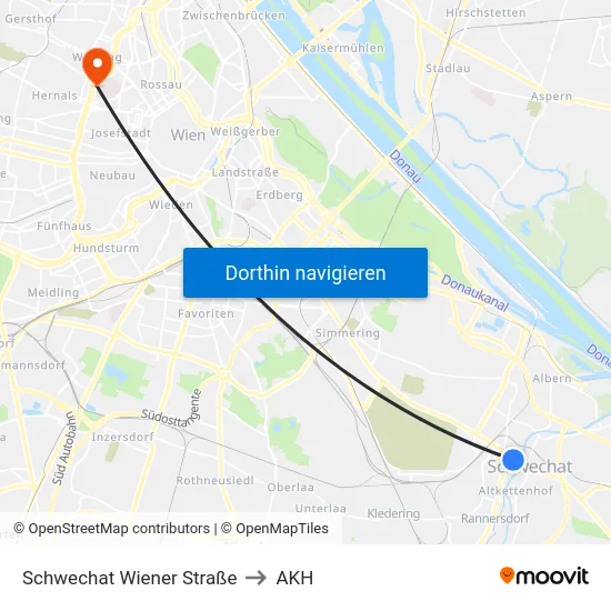 Schwechat Wiener Straße to AKH map