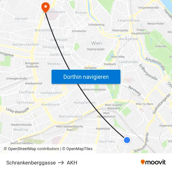 Schrankenberggasse to AKH map