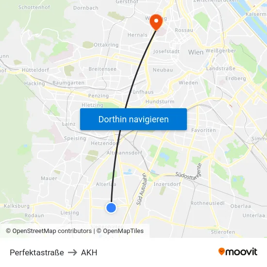 Perfektastraße to AKH map
