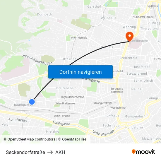 Seckendorfstraße to AKH map