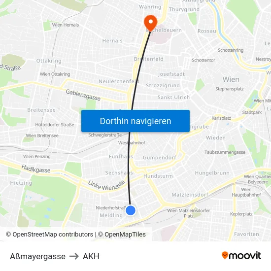 Aßmayergasse to AKH map