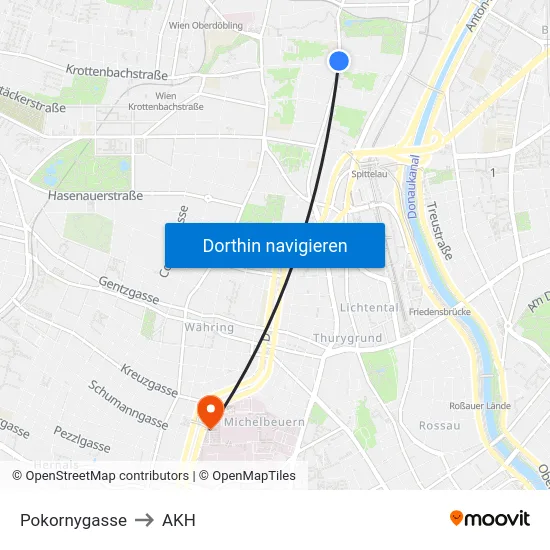 Pokornygasse to AKH map