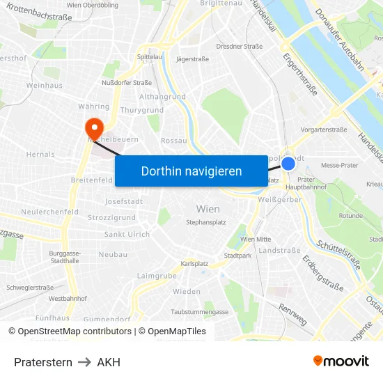 Praterstern to AKH map