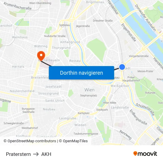 Praterstern to AKH map