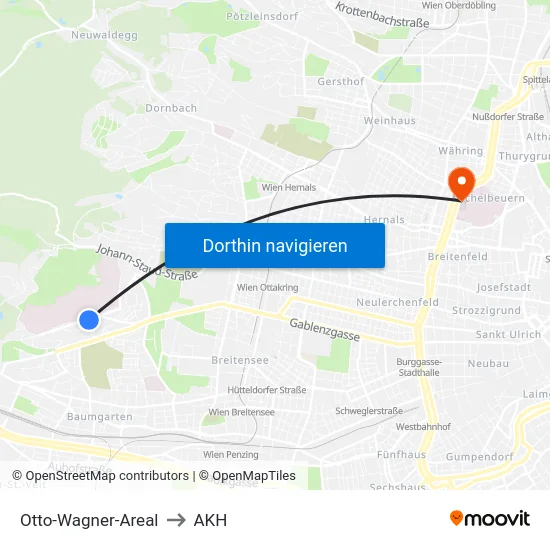 Otto-Wagner-Areal to AKH map