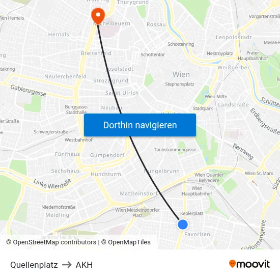 Quellenplatz to AKH map