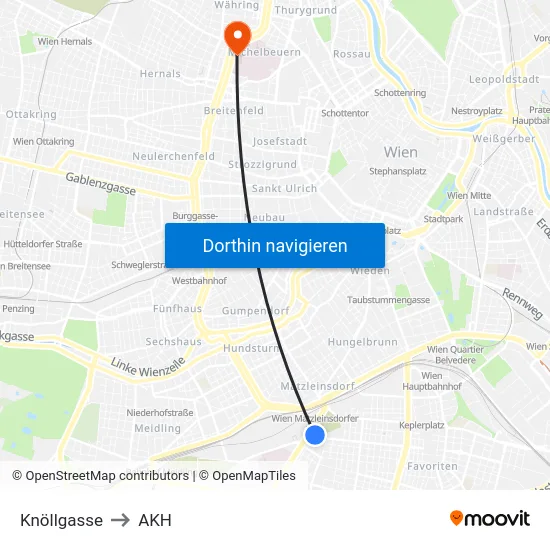 Knöllgasse to AKH map