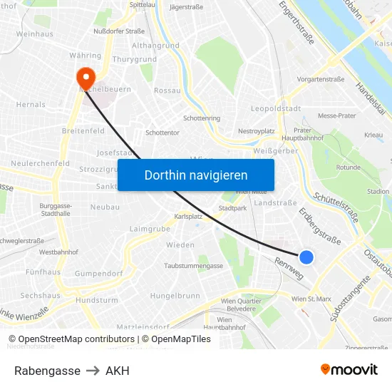 Rabengasse to AKH map