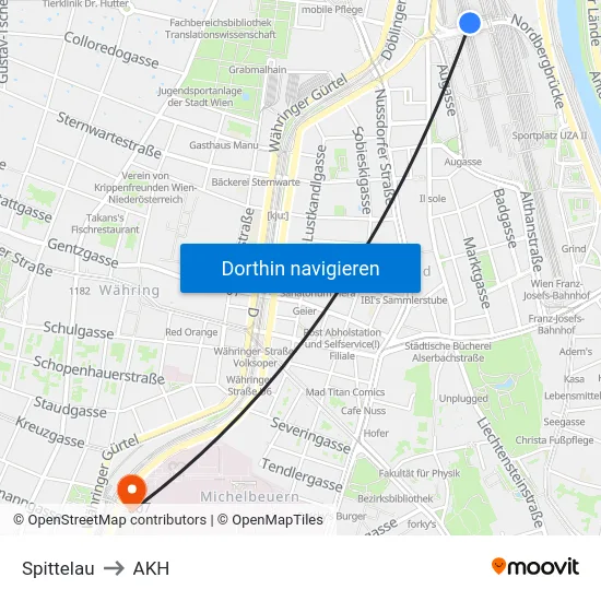 Spittelau to AKH map