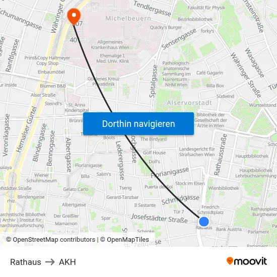 Rathaus to AKH map
