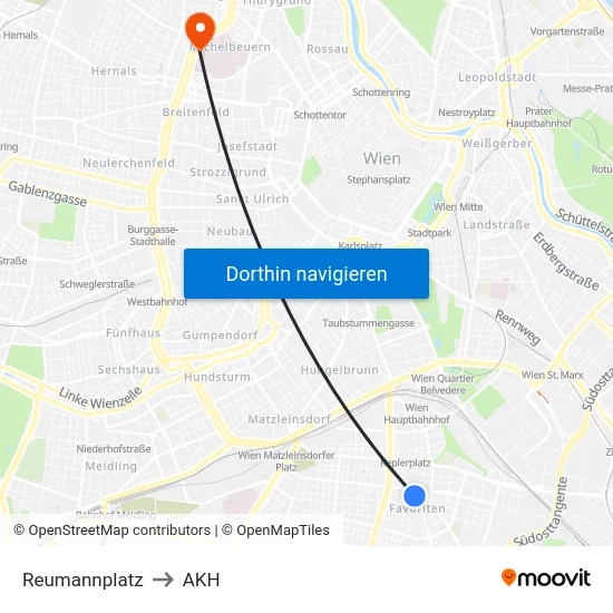 Reumannplatz to AKH map