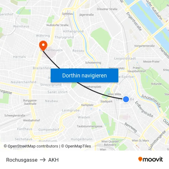 Rochusgasse to AKH map