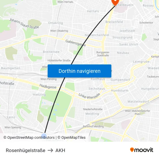 Rosenhügelstraße to AKH map