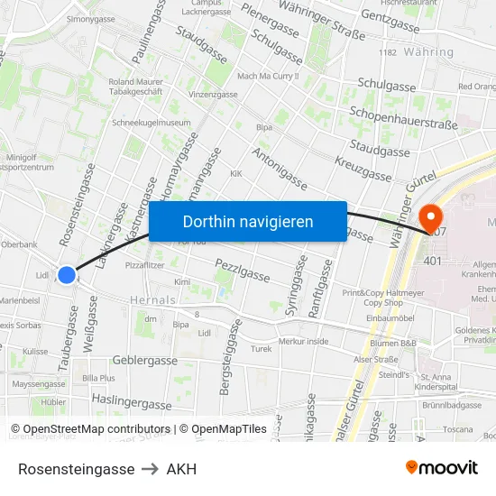 Rosensteingasse to AKH map
