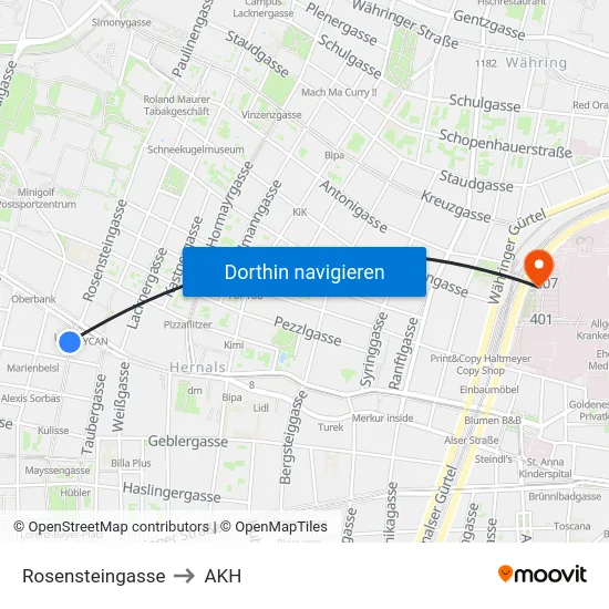 Rosensteingasse to AKH map