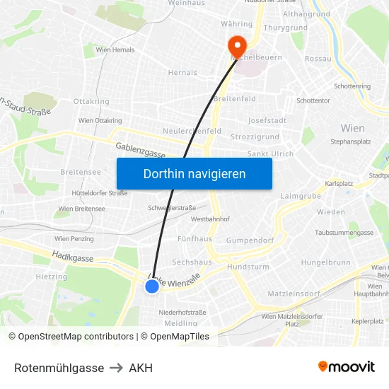 Rotenmühlgasse to AKH map
