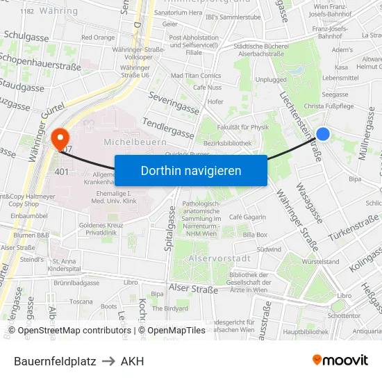 Bauernfeldplatz to AKH map