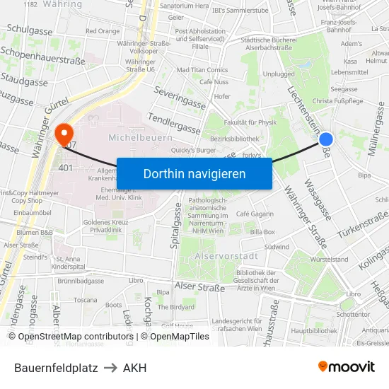 Bauernfeldplatz to AKH map