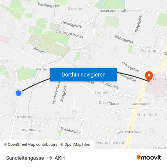 Sandleitengasse to AKH map