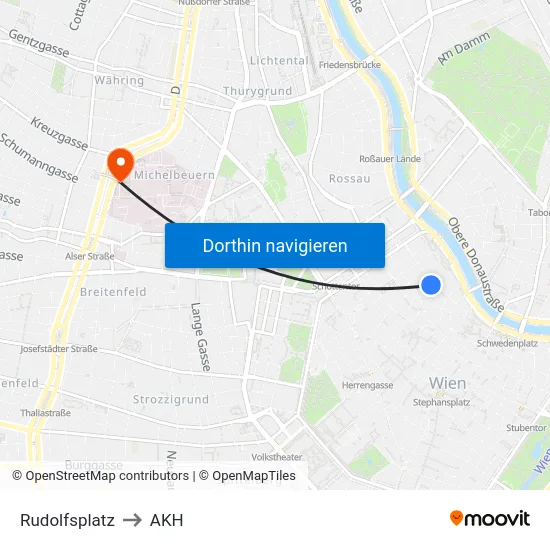 Rudolfsplatz to AKH map