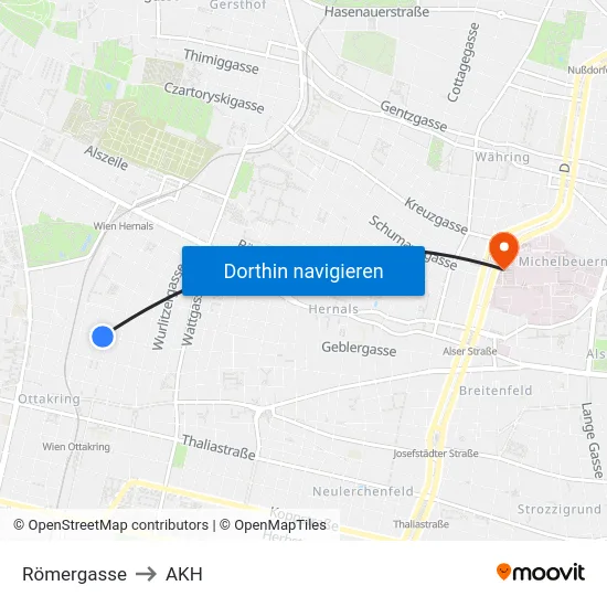 Römergasse to AKH map