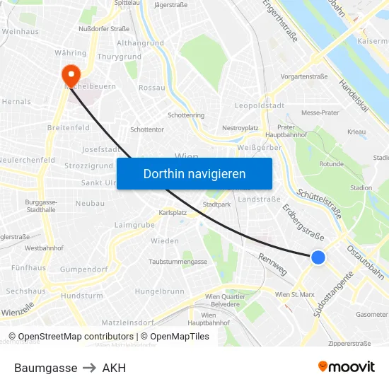 Baumgasse to AKH map