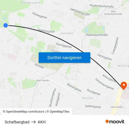 Schafbergbad to AKH map