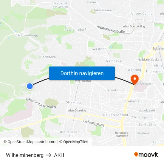 Wilhelminenberg to AKH map