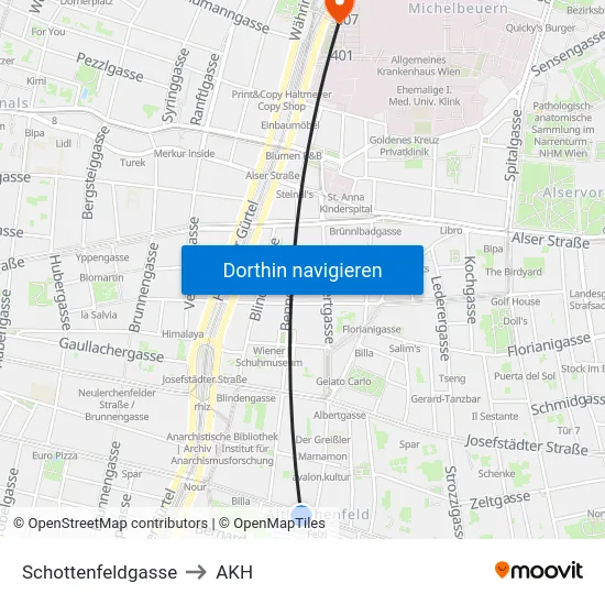 Schottenfeldgasse to AKH map