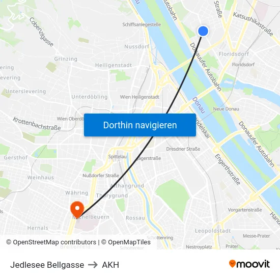 Jedlesee Bellgasse to AKH map