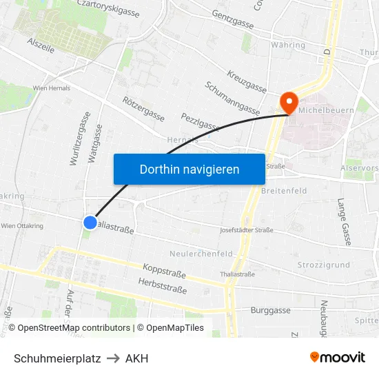 Schuhmeierplatz to AKH map