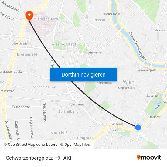 Schwarzenbergplatz to AKH map