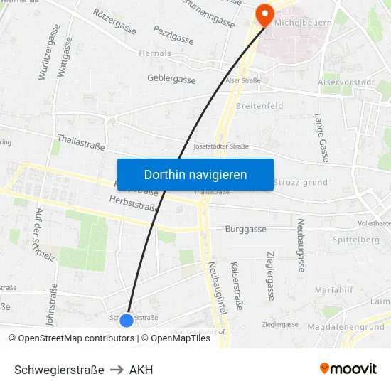 Schweglerstraße to AKH map