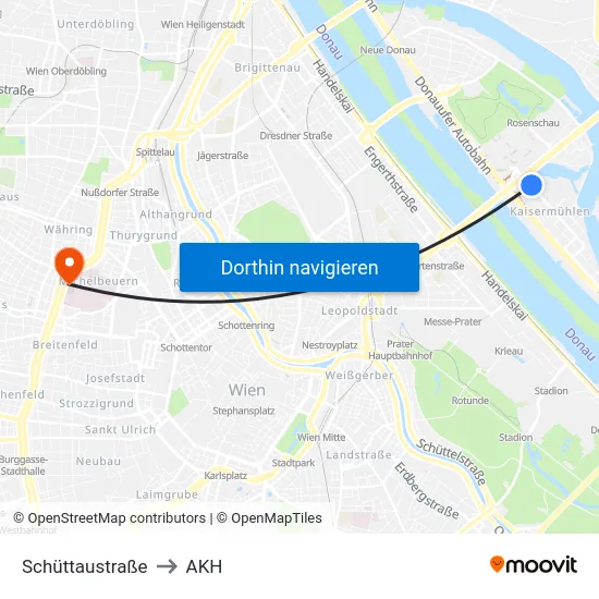 Schüttaustraße to AKH map