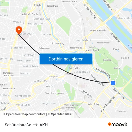 Schüttelstraße to AKH map