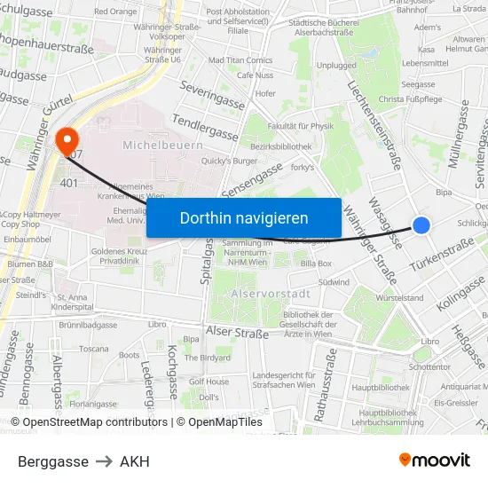 Berggasse to AKH map