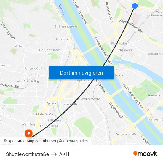 Shuttleworthstraße to AKH map