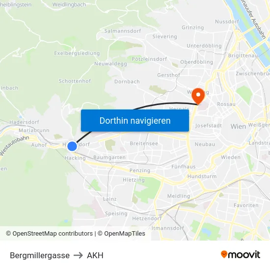 Bergmillergasse to AKH map